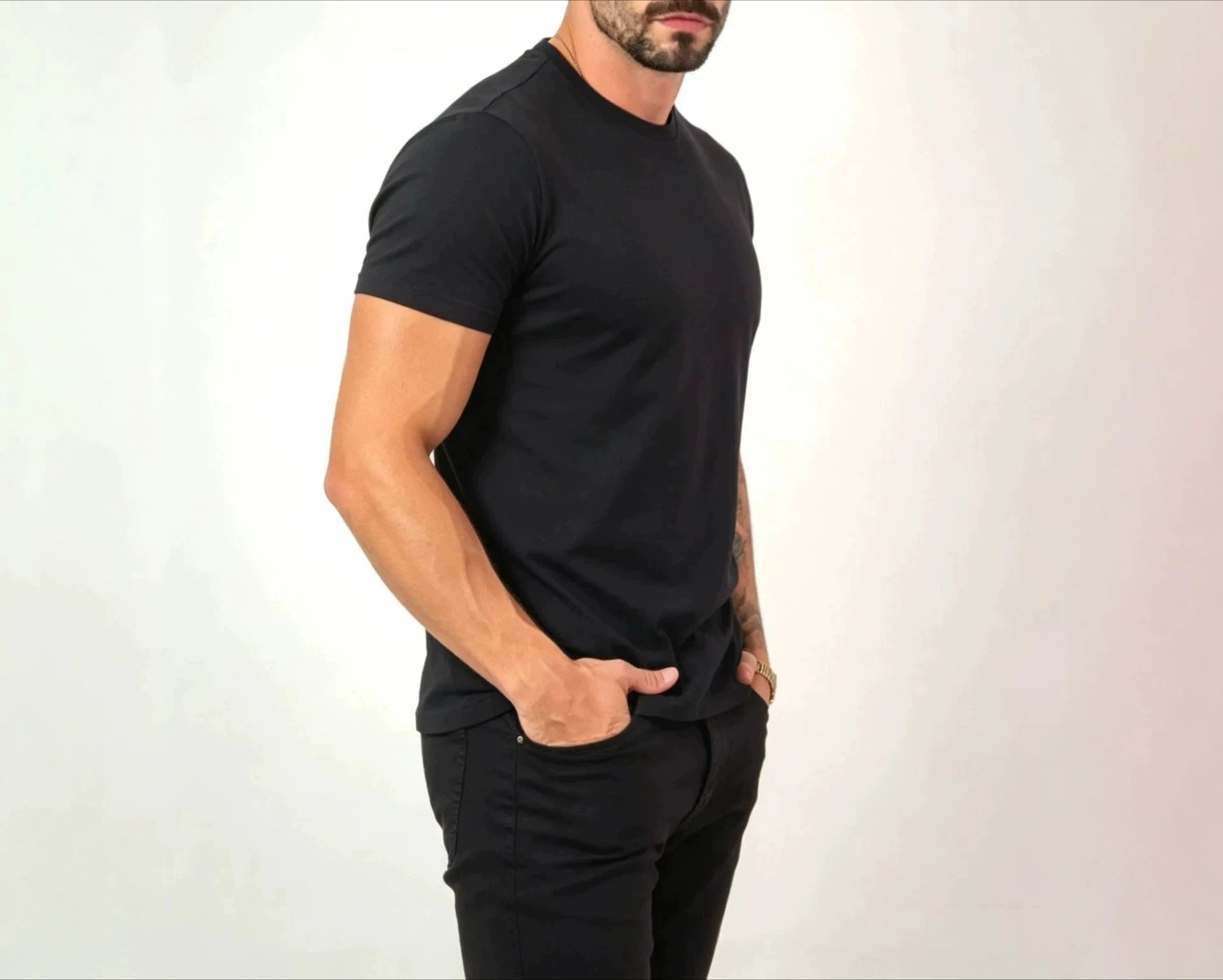 Casual Sports T-shirt Men's Elastic Summer Round Neck Slim Running Training Fitness Solid Color