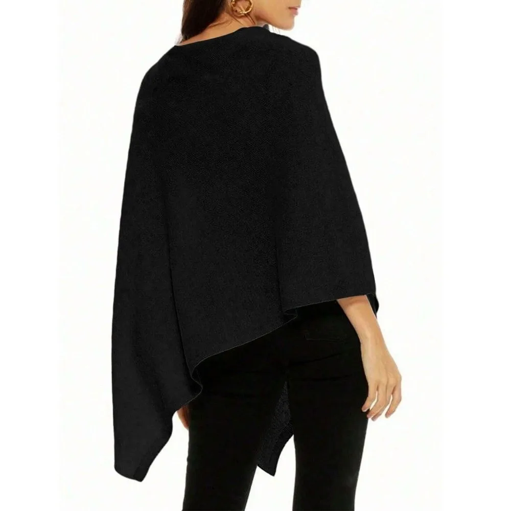 Irregular Hem Knit Poncho Sweater Solid Color Soft Shawl Pullover Top Loose Fit Long Sleeve Casual Knit Tops Casual Daily Wear