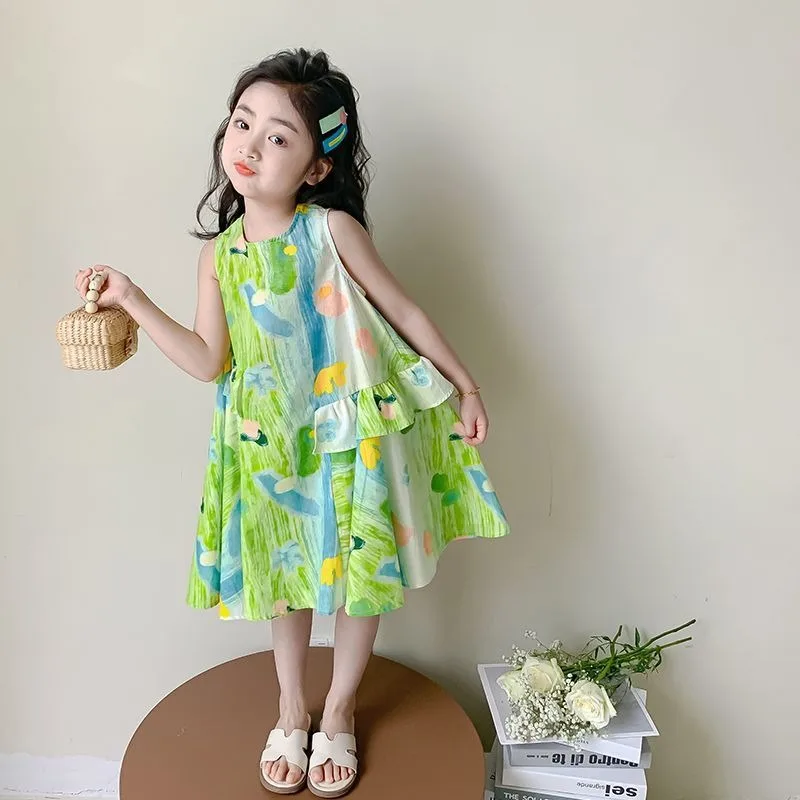 

Children's Colorful Oil Painting Sleeveless Vest Dress Child Girl Clothes Flower Dresses Girls 6 8 Years White Luxury Elegant 7