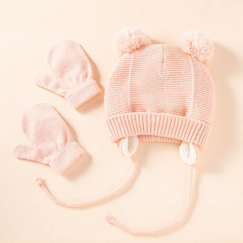 2Pcs/Set Baby Bonnet Elastic Thick Warm Girl Boy Beanies Kids Hat Knitted Pompom Baby Hat Gloves Ear Protection Winter