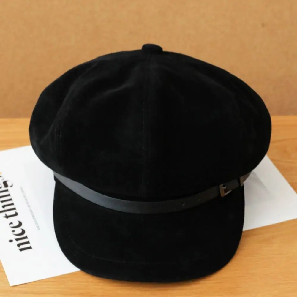 หมวกเบเร่ต์หนัง PU สไตล์อังกฤษลำลอง หัวเข็มขัดแบบเข็มขัด หมวกทรงแปดเหลี่ยมหนังกลับสีน้ำตาล หมวกศิลปิน หมวกนิวส์บอย หมวกจิตรกร สำหรับกิจกรรมกลางแจ้ง