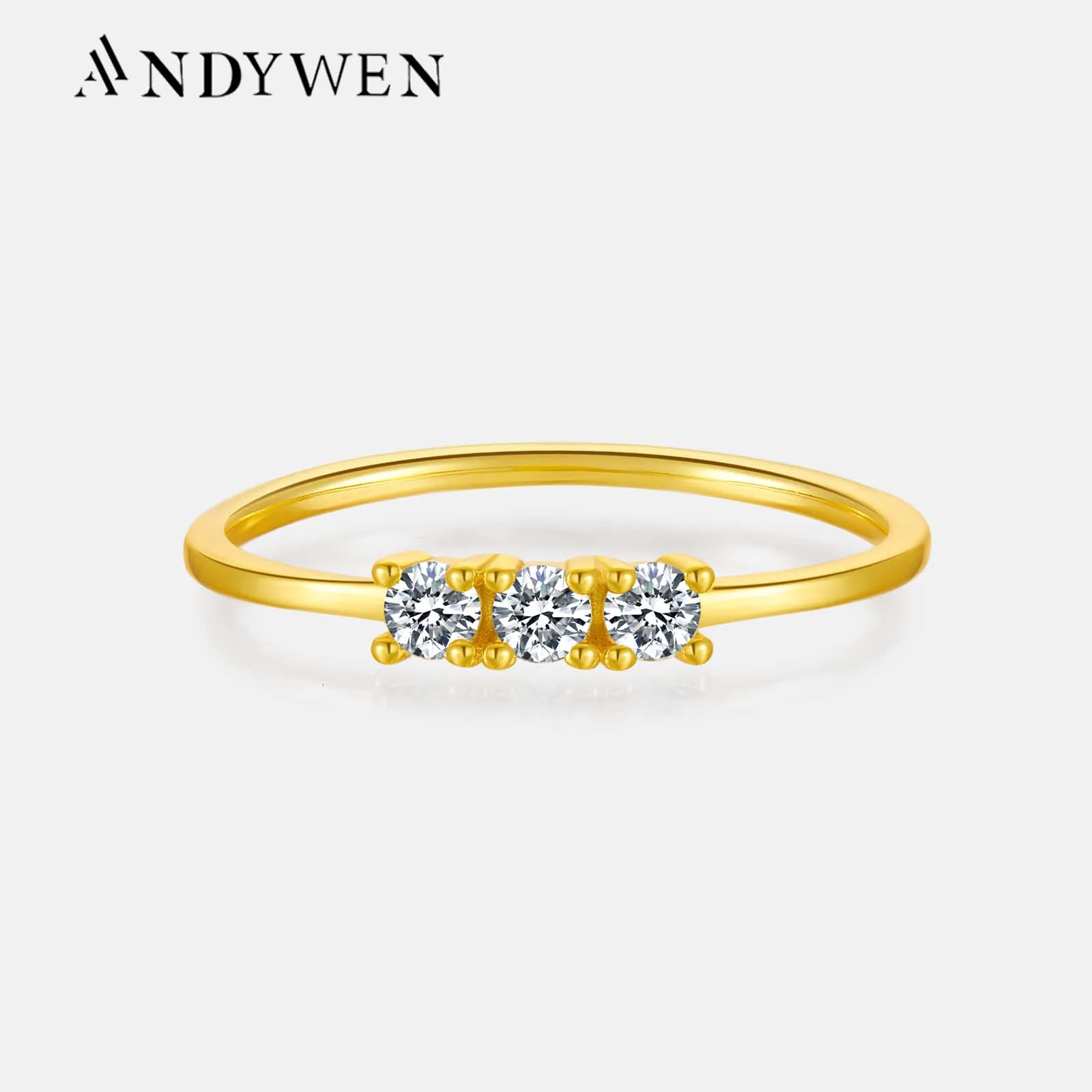 

ANDYWEN 925 Sterling Silver Gold Anillo Clear TIRO Three Zircon Rings Party 2023Crystal Belong To Fine Jewelry Collection