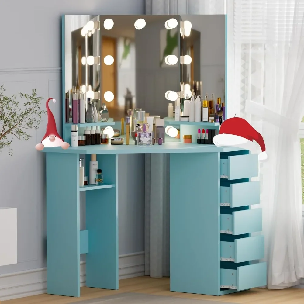 

Corner Vanity Desk, Makeup Vanity with Lights, Bedroom Small Vanity Table with Lighted Mirror3Lighting Modes,Brightness Dimmable