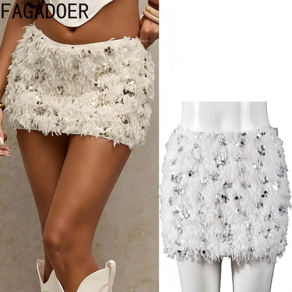 

FAGADOER Sexy Tassel Patchwork Bodycon Skirt for Woman Solid Color Sequin Low-rise Skirt Female Streetwear Bottoms 2025 New