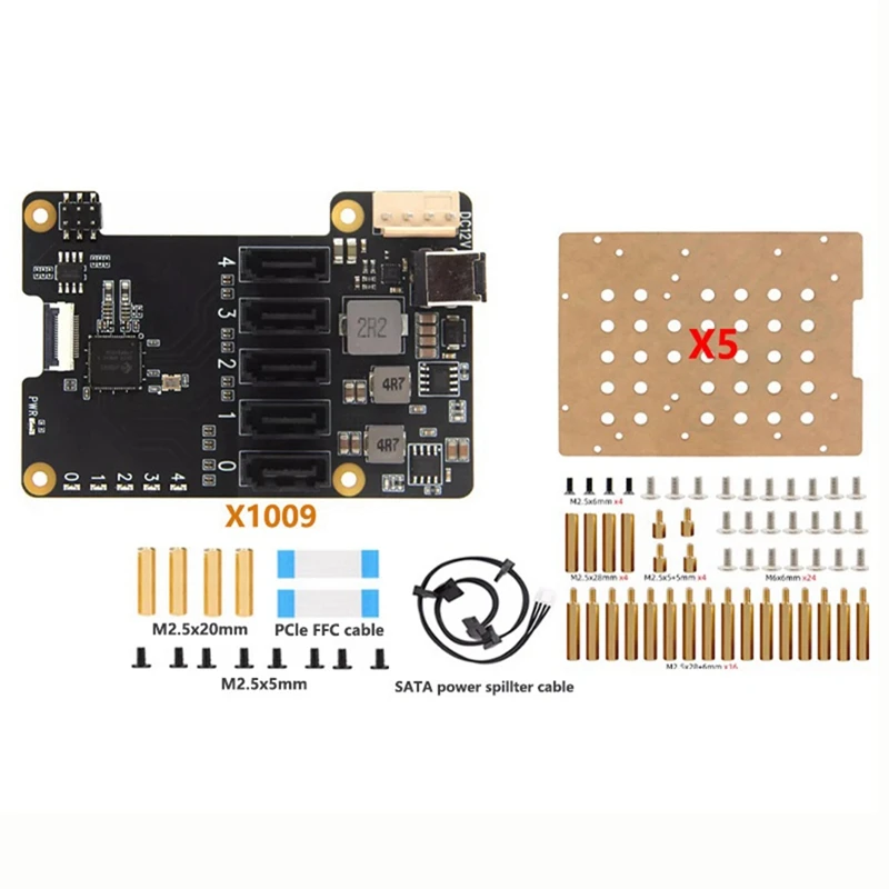 X1009 Pcie To 5-Port SATA Shield HDD Expansion Board SATA3.0 Expansion Board With Case For Raspberry Pi 5