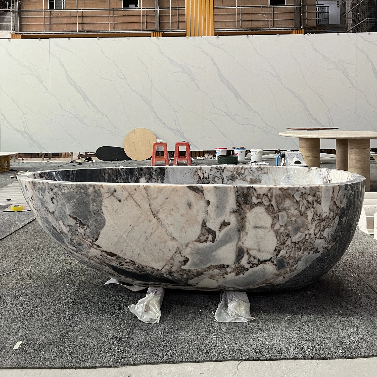 #￥Luxury Green Natural Stone Bathtub Freestanding 50 Inches Hand Carved Marble Tub for Outdoor Tropical Garden Villa Hotel