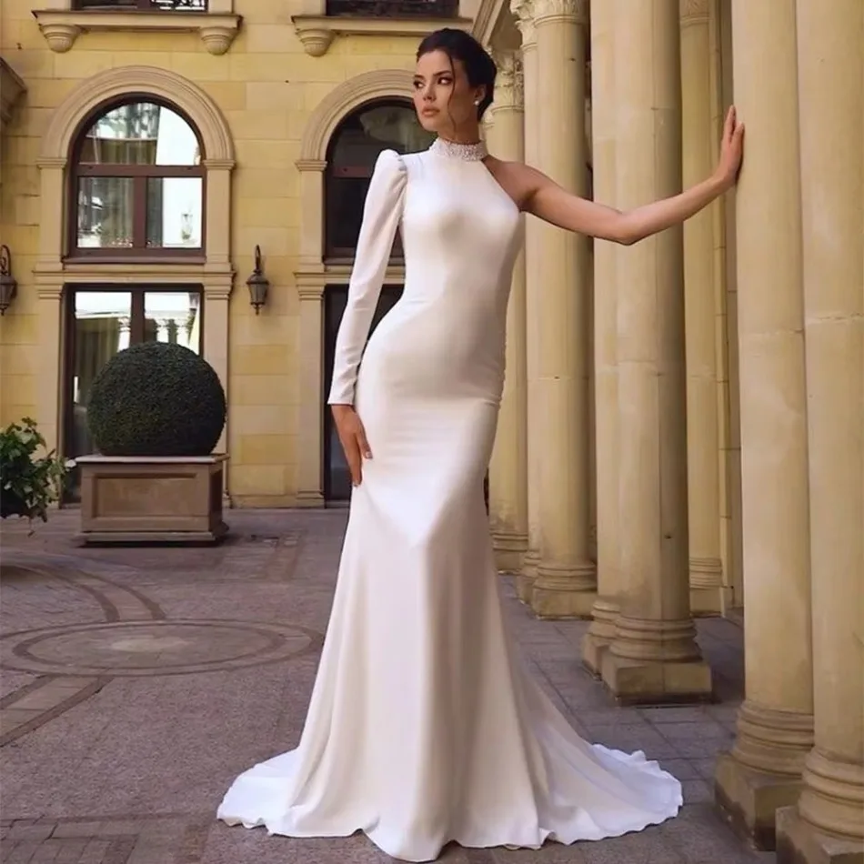 Mermaid Wedding Dress Pearls Bridal Gown Customized High Neck Long Sleeve Sweep Train Arabic Bride Dresses Robe De Mariee