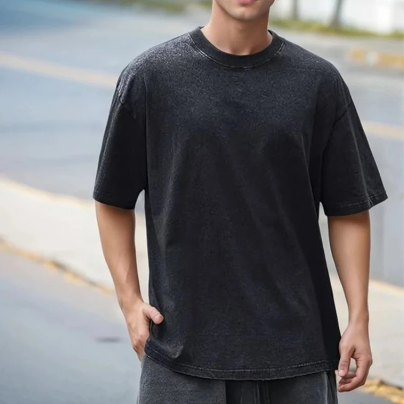 

Мужская винтажная футболка из выстиранного хлопка, свободного кроя, оверсайз, повседневная, с коротким рукавом, круглым вырезом, в стиле ретро, уличная одежда, базовая модель, лето 2026
