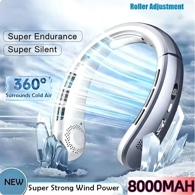 Ventilateur portable à suspendre au cou 8000 mAh, sans pales, rechargeable par USB, silencieux, avec affichage numérique LED, rafraîchisseur d'air mains libres pour la maison et l'extérieur