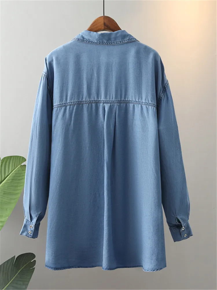 Taglie forti abbigliamento donna primavera e autunno camicia a maniche lunghe camicia lunga in Denim di cotone morbido camicia ampia taglie forti per donna grassa