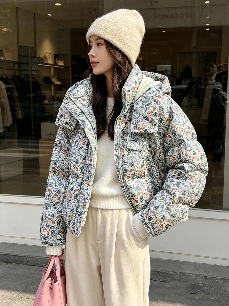 Winter Printed Color Blocking Down Jacket Women White Duck Down Fluffy Outwears Female Detachable Hooded Warm Thick Down Jacket