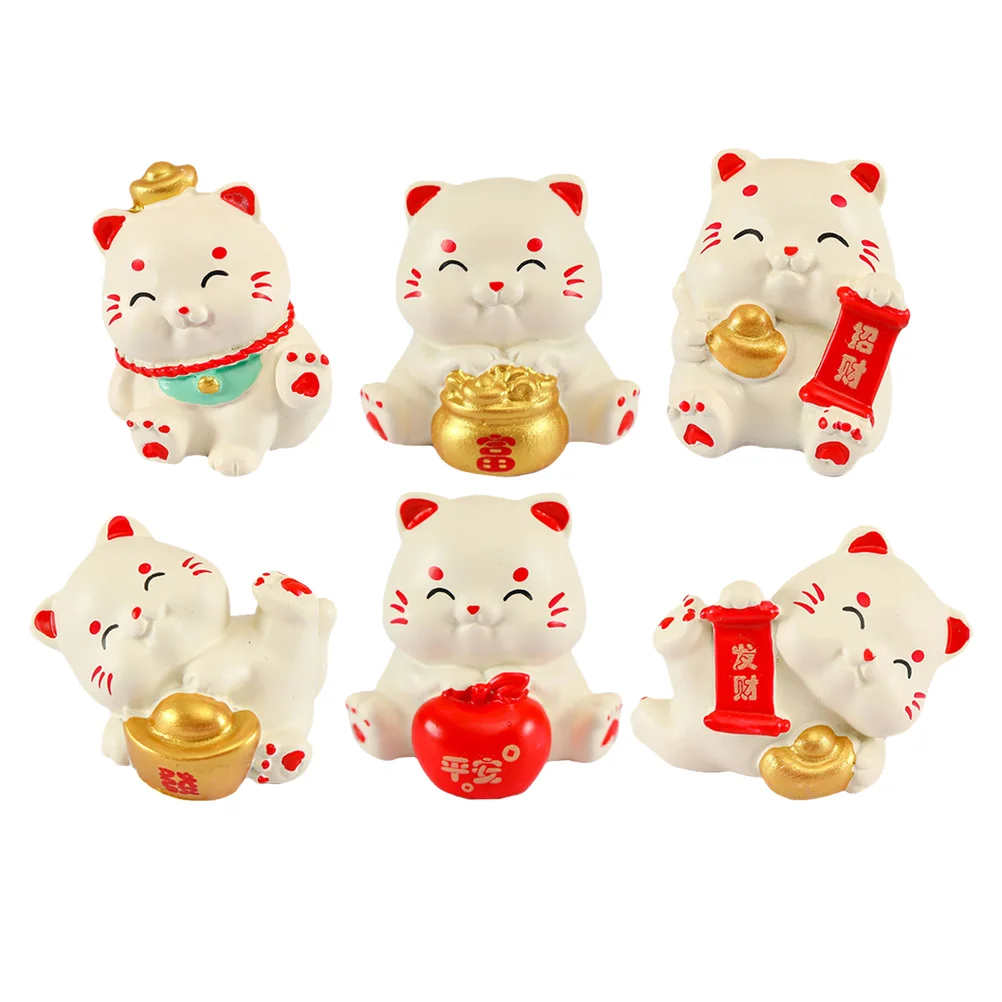 

6 Pcs Miniature Lucky Cat Statue Micro Landscape Ornament Fortune Figure Cartoon Animal Adornment Miniatures Figurines Model