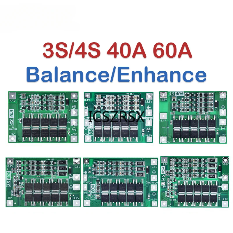 3S/4S 40A 60A Li-ion Lithium Battery Charger Protection Board 18650  BMS For Drill Motor 11.1V 12.6V/14.8V 16.8V Enhance/Balance