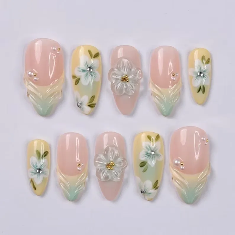 

24PCS Almond Press on Nails Pastel Pink Yellow Green Gradient 3D Flower Pearl False Nails Sweet Fresh Style Reusable Manicure