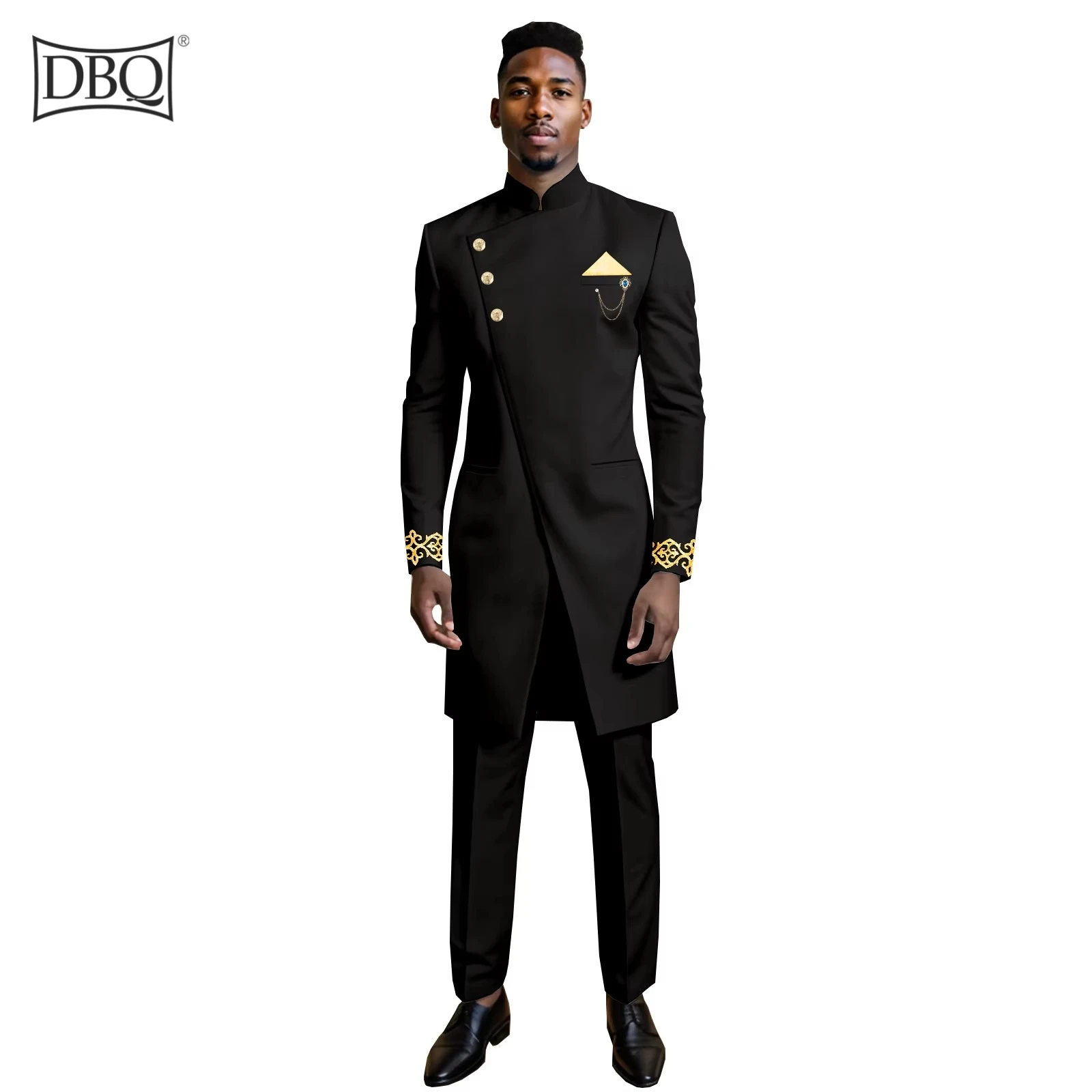 DBQ African Clothes for Men Regular Fit Embroidery Brooch Kerchief Blazer and Pants Linen Suits Set