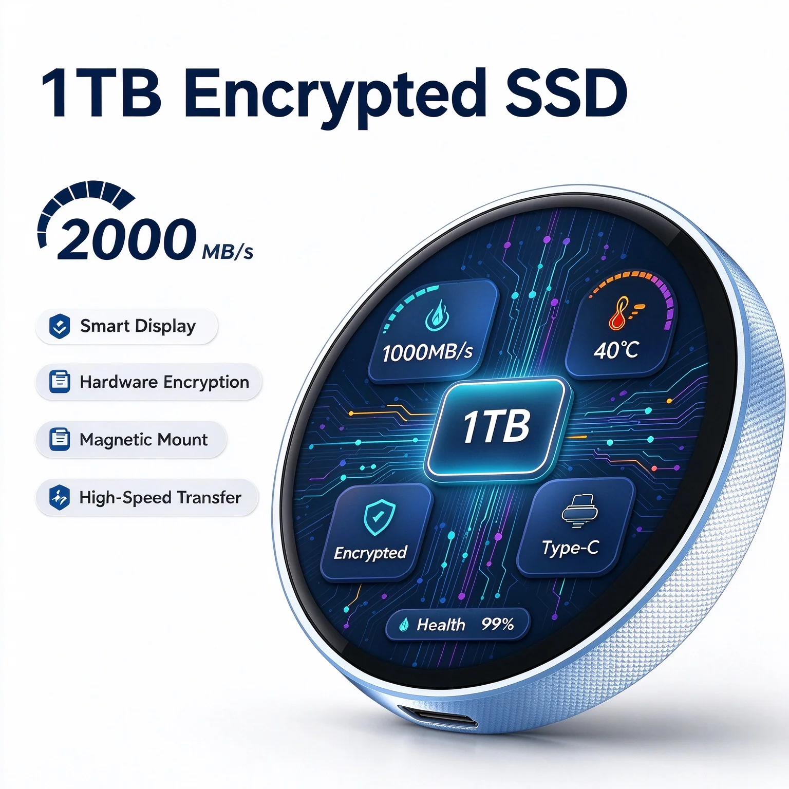 1TB Magnetic Portable SSD with Smart Screen Hardware Encryption 2000MB/s USB 3.2 Gen2 Type-C External Solid State Drive for Phon