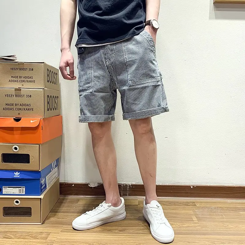 Summer Thin Denim Short Pants Men's Casual Loose Straight Korean Style Five-Striped Middle Waist Zipper Pocket Wear Resistant