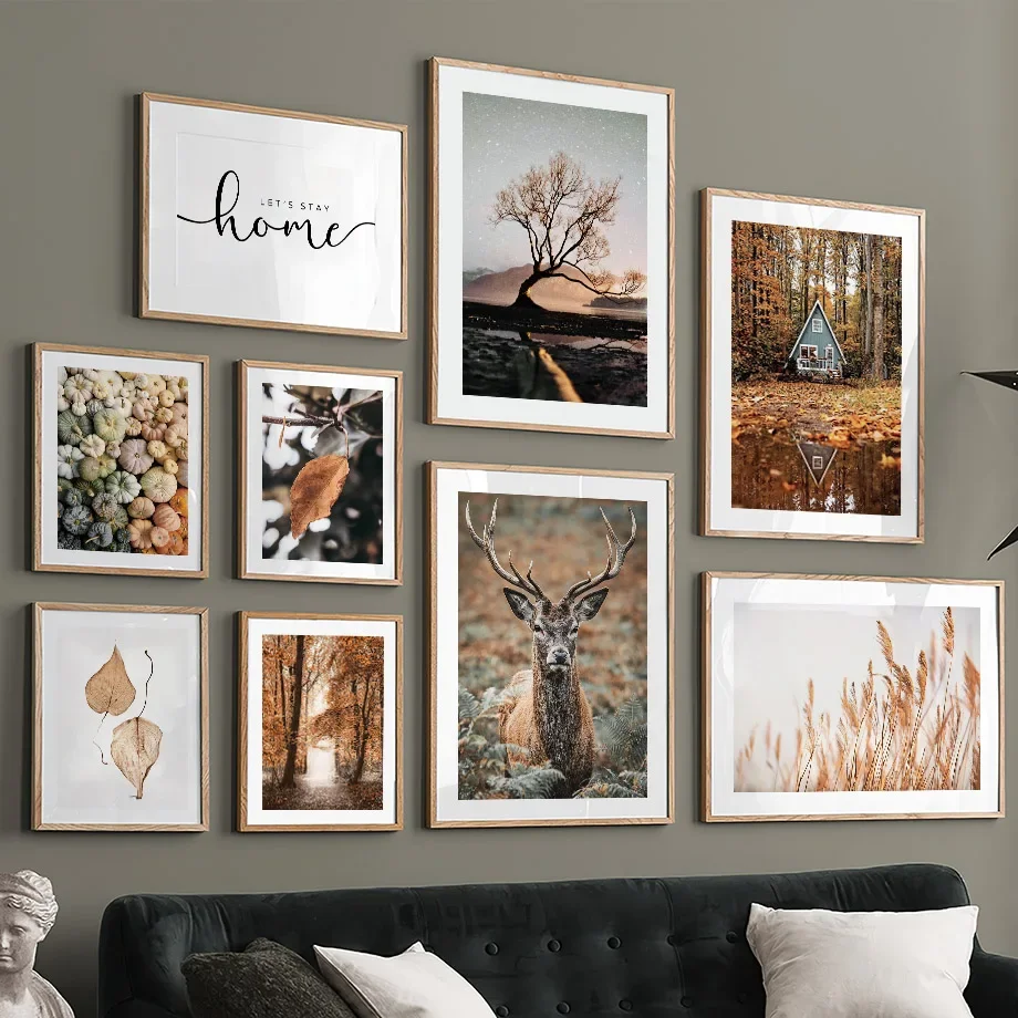 

Autumn Red Maple Forest Wall Art Print Fall Leaves Deer Pumpkin Decor Nordic Living Room Canvas Poster Picture
