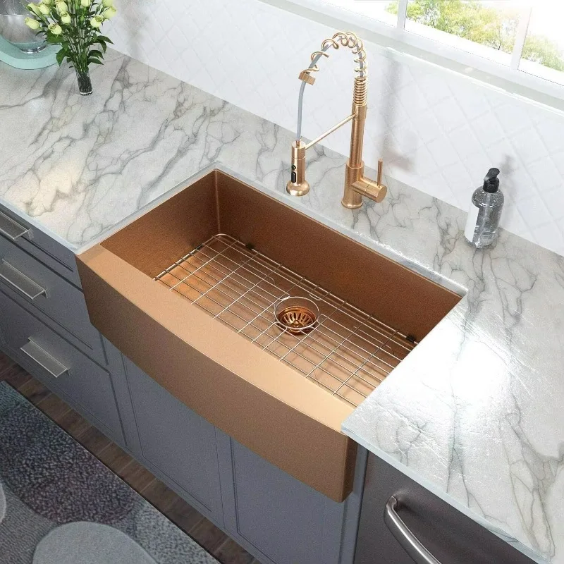 Fregadero de granja de oro rosa, delantal de baño, lavabo de cocina de cerámica frontal, barato