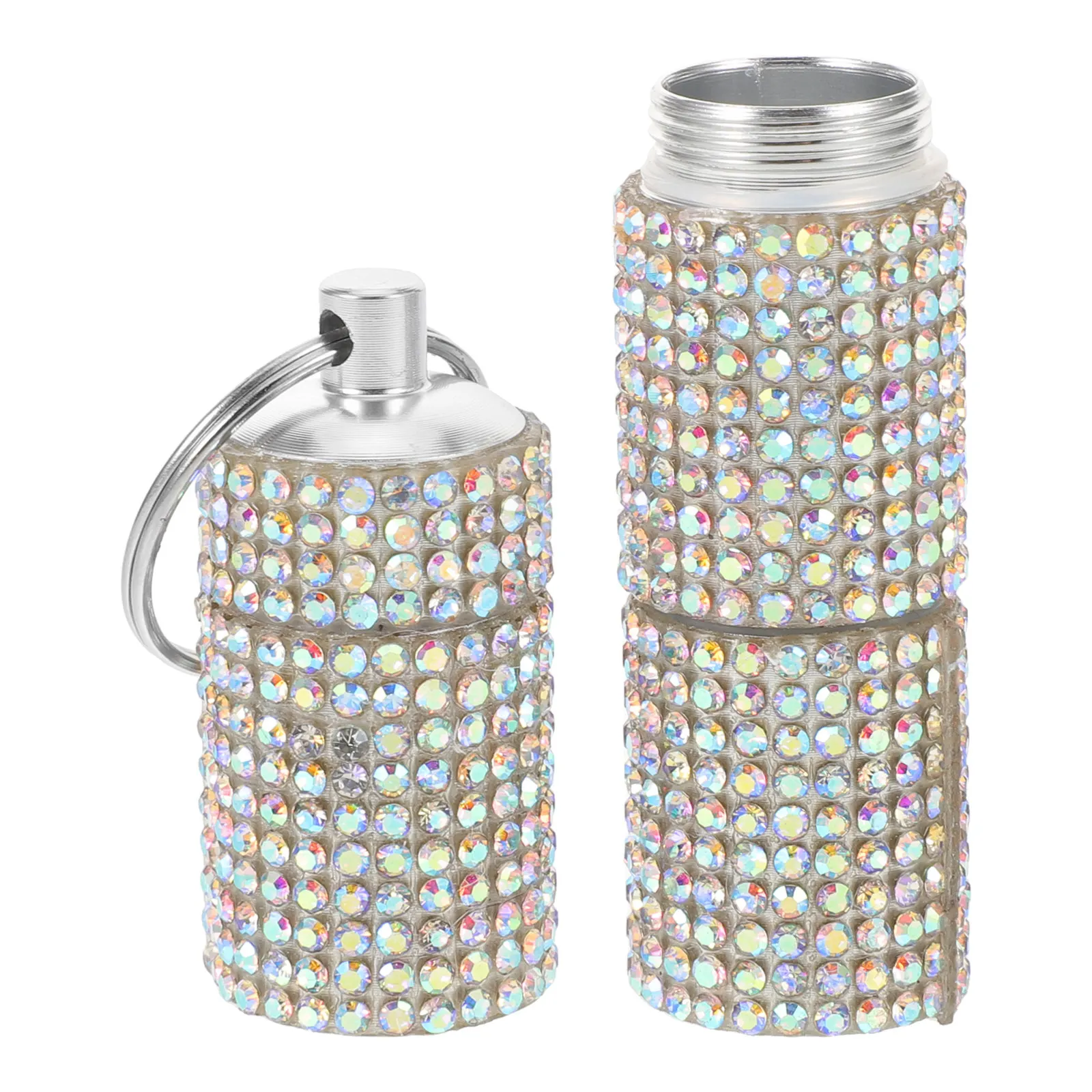 Stylish Rhinestone Pill Keychain Holder 3-Segment Portable Pill Organizer Travel Medicine Case Keyring Purse Bag