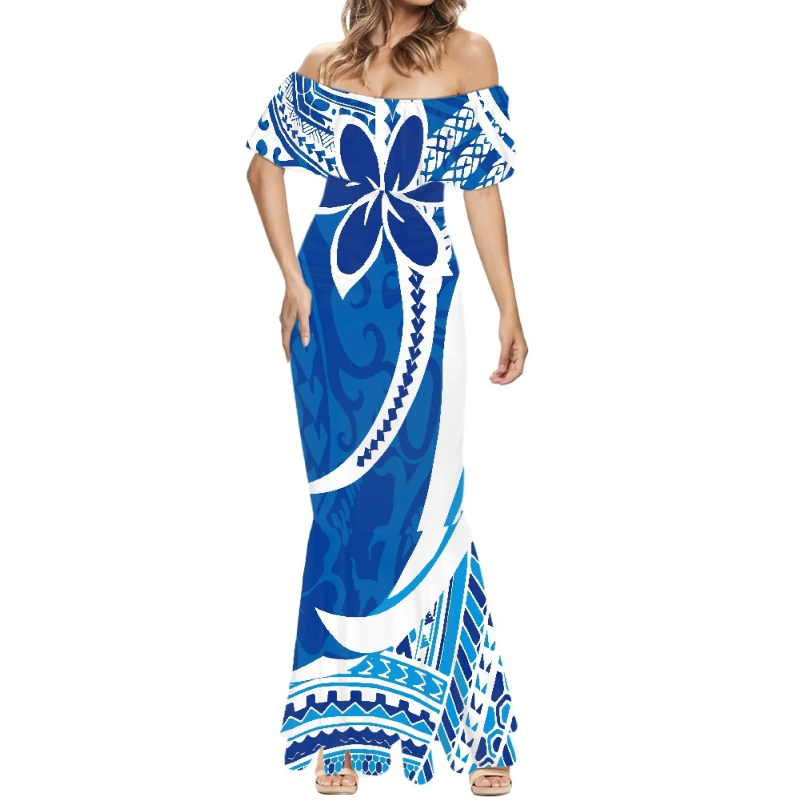 Polynesian Tonga Hawaiian Fiji Guam Samoan Pohnpei Tribal Tattoo Blue Prints Couple Clothes Suits Women Dress Matching Men Shirt