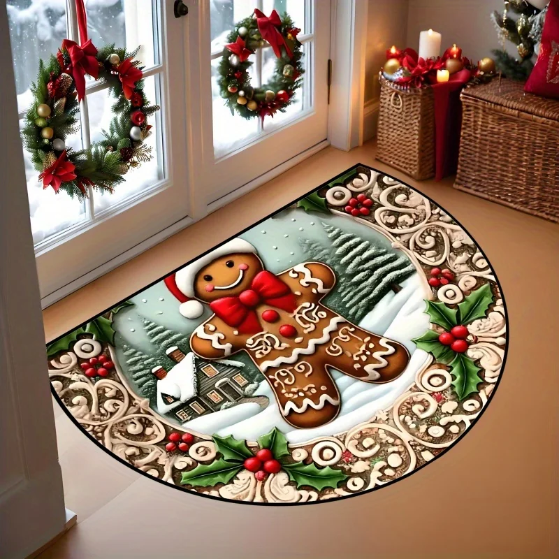Gingerbread Man Holly Berry Vintage Border Semi Circle Doormat For Rustic Porch Entrance Festive Seasonal Decor