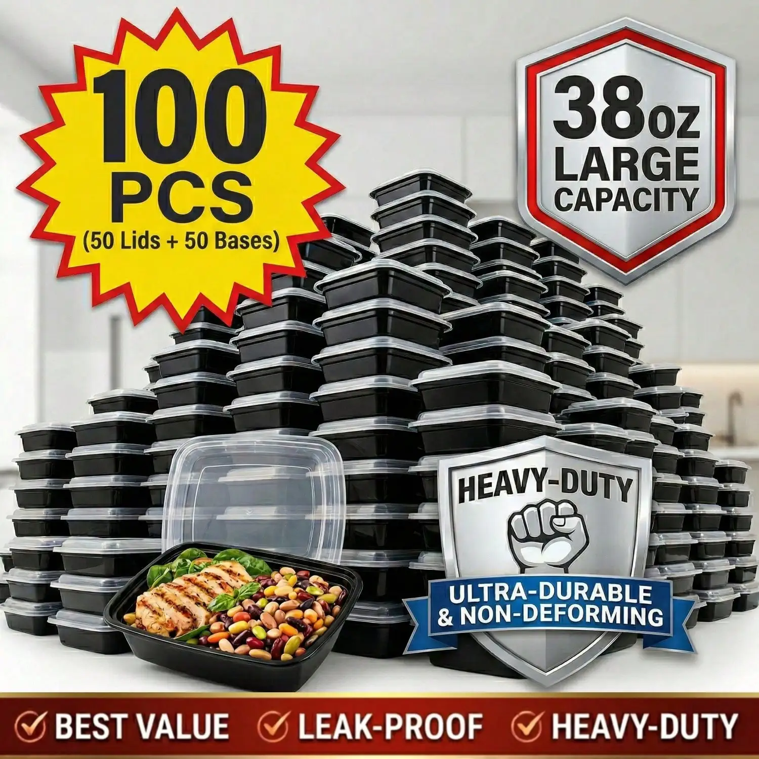 38 oz Black Rectangular Meal Prep Containers with Lids,100 Pack Disposable Bento Lunch Box, Food Storage Containers Microwave Dishwasher Freezer Safe, Stackable Kitchen Organizer