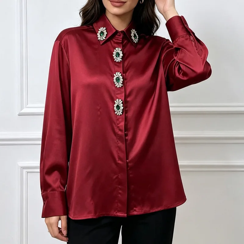 HKSH Women's Shirt Casual Loose Diamonds Design Elegant Versatile Long Sleeve Solid Color Satin Blouse Spring Autumn New HK26871