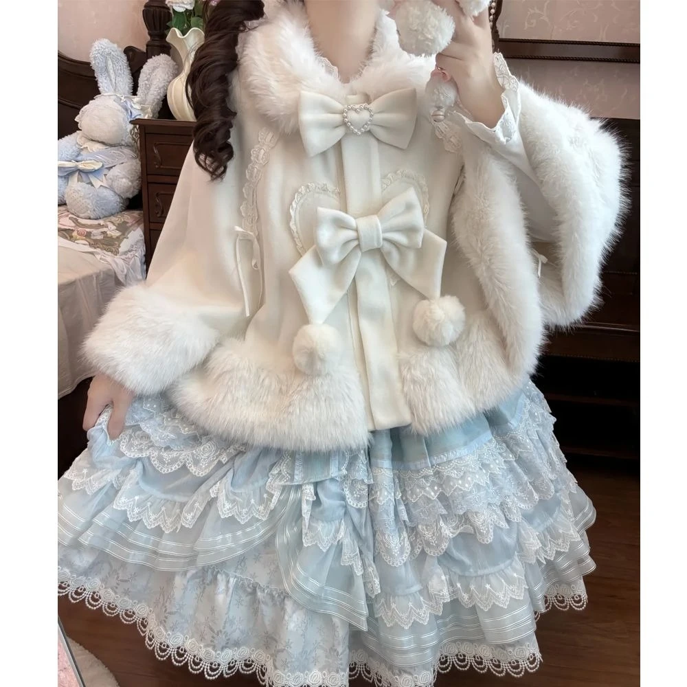 

Japanese Lolita Sweet Faux Fur Capes Casual Elegant Warm Jackets Viange Korean Fashion Outerwear Clothing Chic