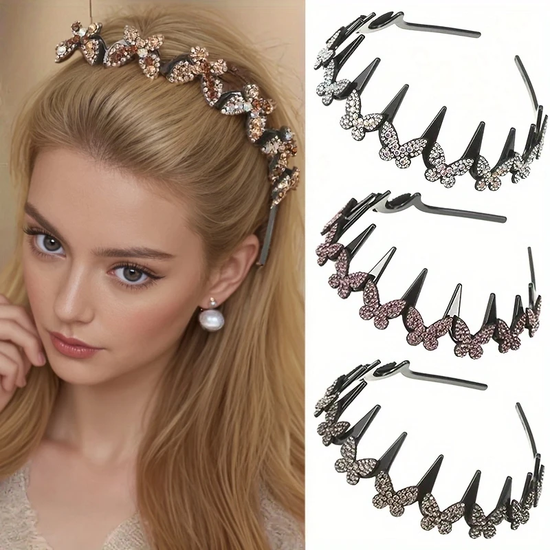 Wavy Headband Rhinestone Butterfly Headband Squiggly Headband All-Day Wear Hair Accessory Hold Flyaways for Ladies Adults Teens