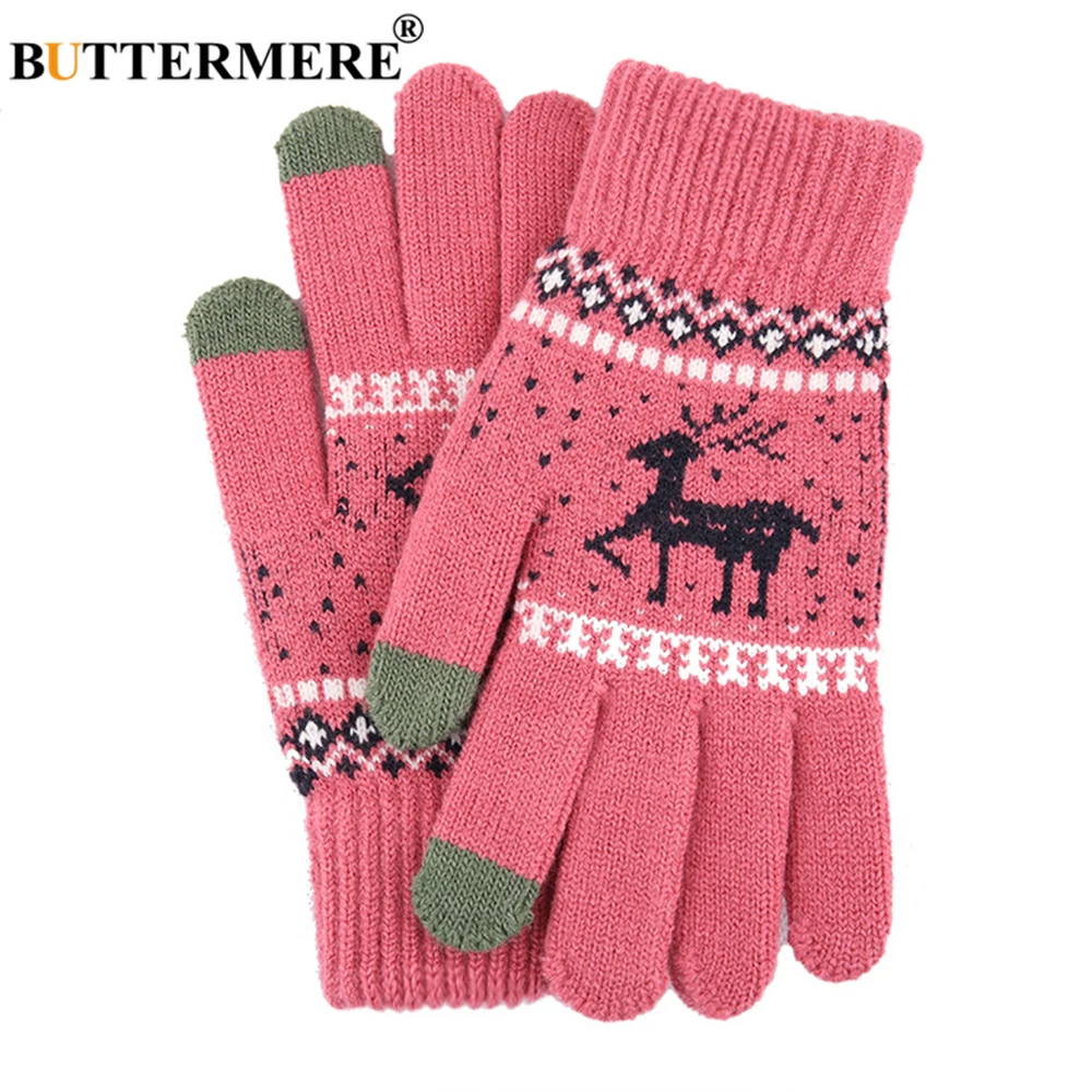 BUTTERMERE Knitting White Gloves Women Men Touch Screen Deer Pattern Christmas Warm Male Female Glove Fashion Guantes