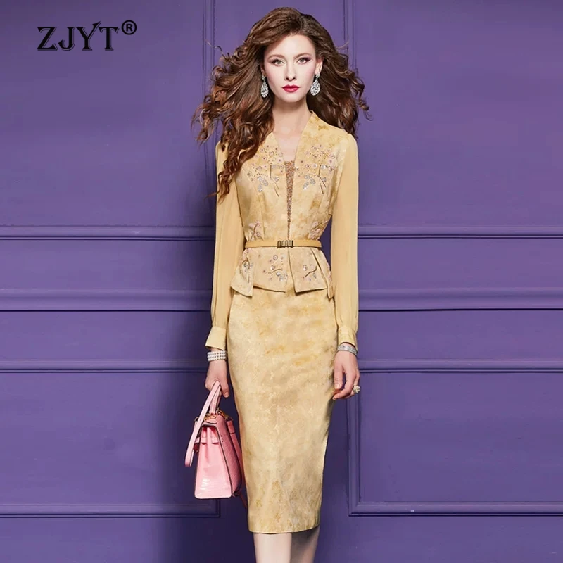 

ZJYT Spring 2026 New Ladies One Piece Dress for Office Work Wear Women Long Sleeve Beading Pencil Dresses Yellow Elegant Party