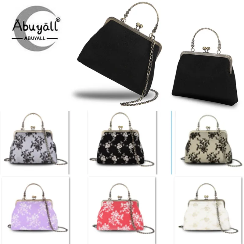 Abuyall Kiss Lock Top-Handle Handbag Vintage Fall Evening Lace Tote Canvas Purse Chain Strap Metal Frame Crossbody Bag Women