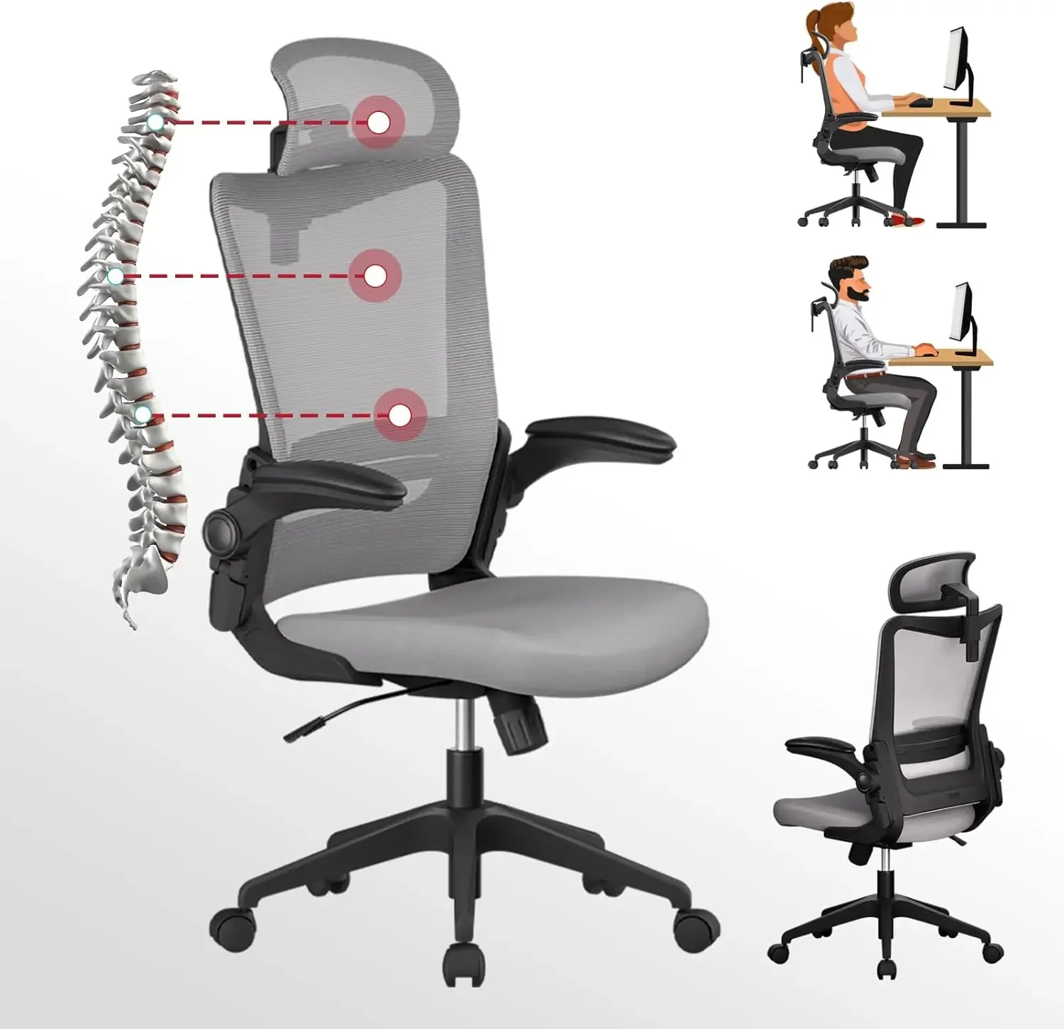 Grey Ergonomic Office Chair Office Desk Chair with Lumbar Support 2D Headrest Flip Up 4D Armrest 120° Rocking Mesh Computer Chai