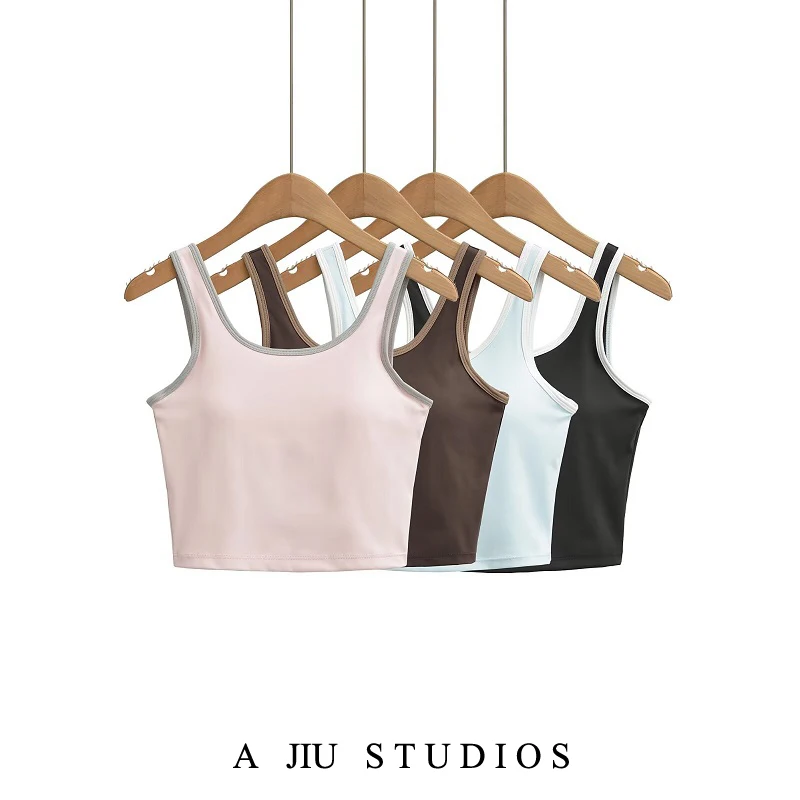 Sporty Crop Top Women's Fitness Training Yoga Tank Top with Chest Pad Color Block Summer Outdoor Wear High Elasticity U-Neck