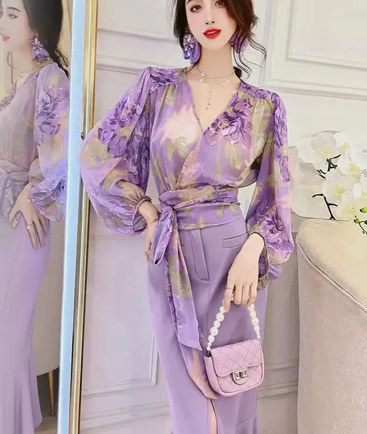 2pcs 2025 Summer New Elegant Fashion V-neck Sweet Floral Printed Lace Up Long Sleeve Shirt Slim Bodycon Skirt Purple 2 piece Set