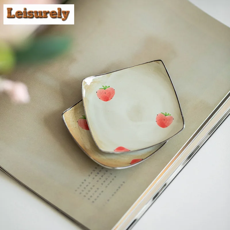 2pc/set Hand-painted Strawberry Coaster Japanese Pink Yin Square Tea Cup Holder Thermal Insulation Pad Mug Dish Kung Fu Teaware