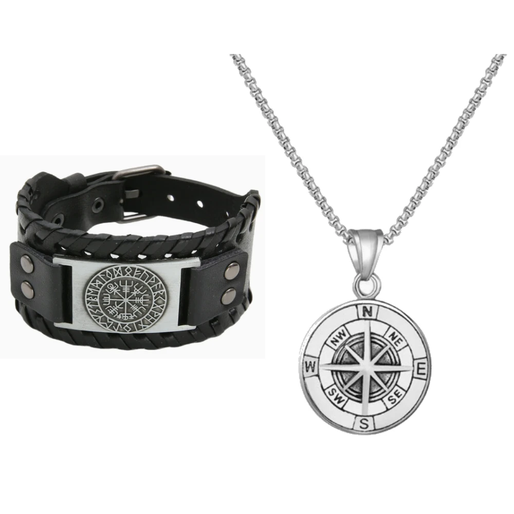 2pcs Black Wide Leather Wristband Bracelet Ancient Medieval Gift for Men Totem Design Pirate Compass Necklace Party Gifts