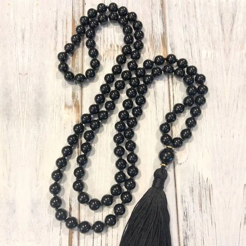 

Natural Black Onyx Mala Beads Necklace 108 Beads with Black Tassel & Gold Spacers Healing Crystal Jewelry