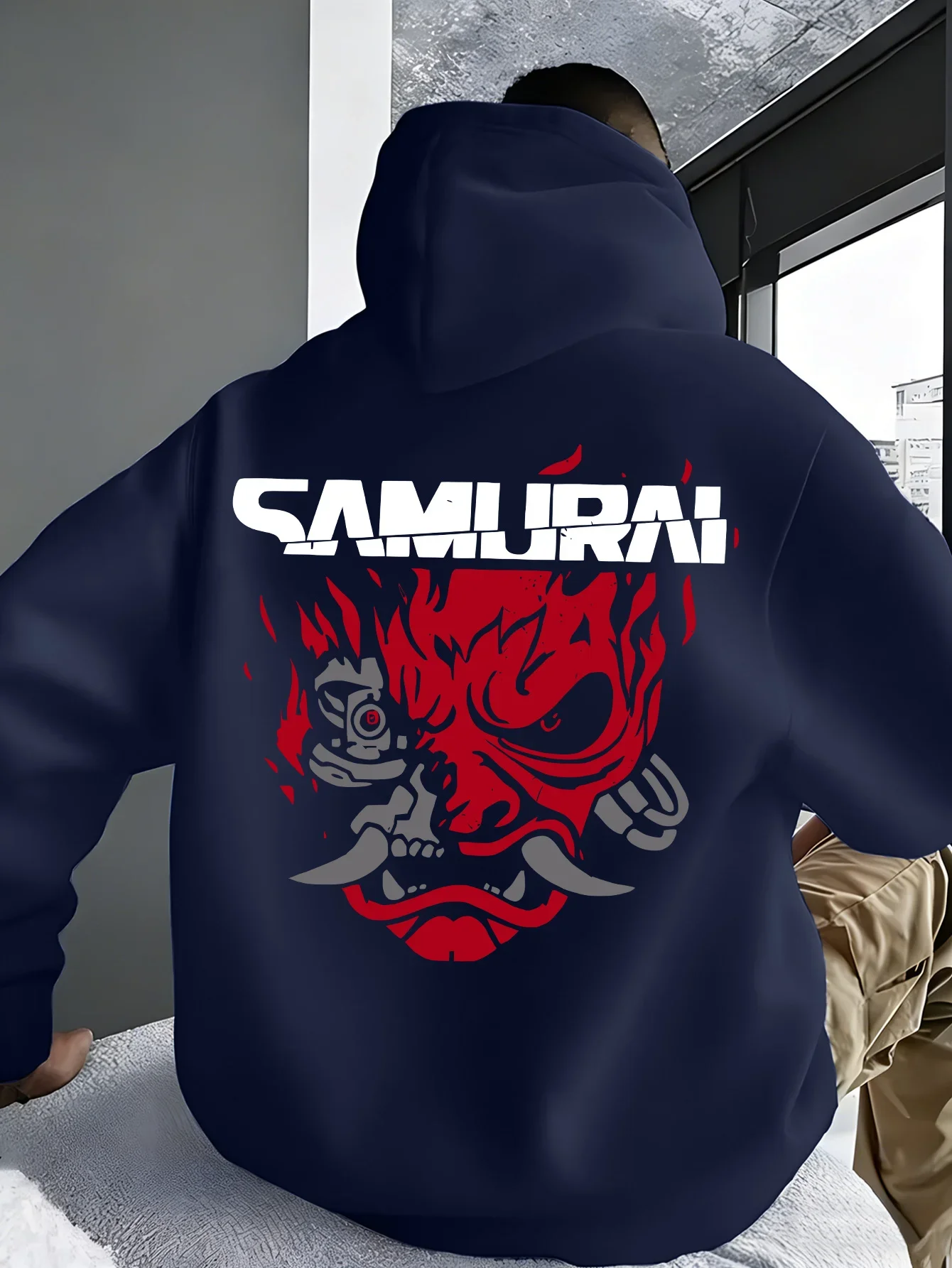 Men Cyber Samurai Oni Mask Print Hoodie Autumn Winter Y2K Streetwear Sweatshirt Male Loose Back Graphic Pullover Hooded Tops