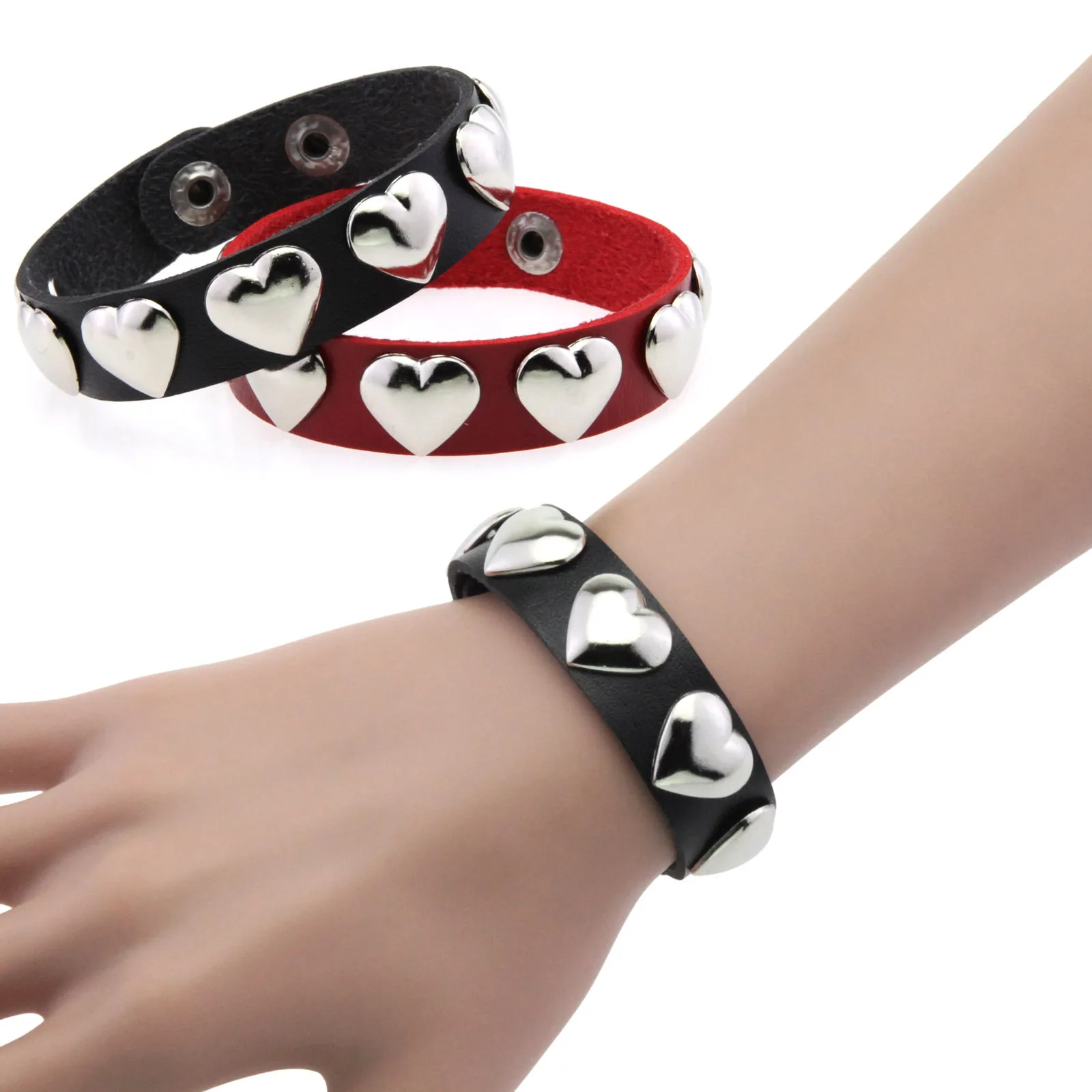 Punk Harajuku Couple Fashionable man Fashionable woman Stainless steel Snapper Love Wristband Alloy Peach heart Leather Bracelet