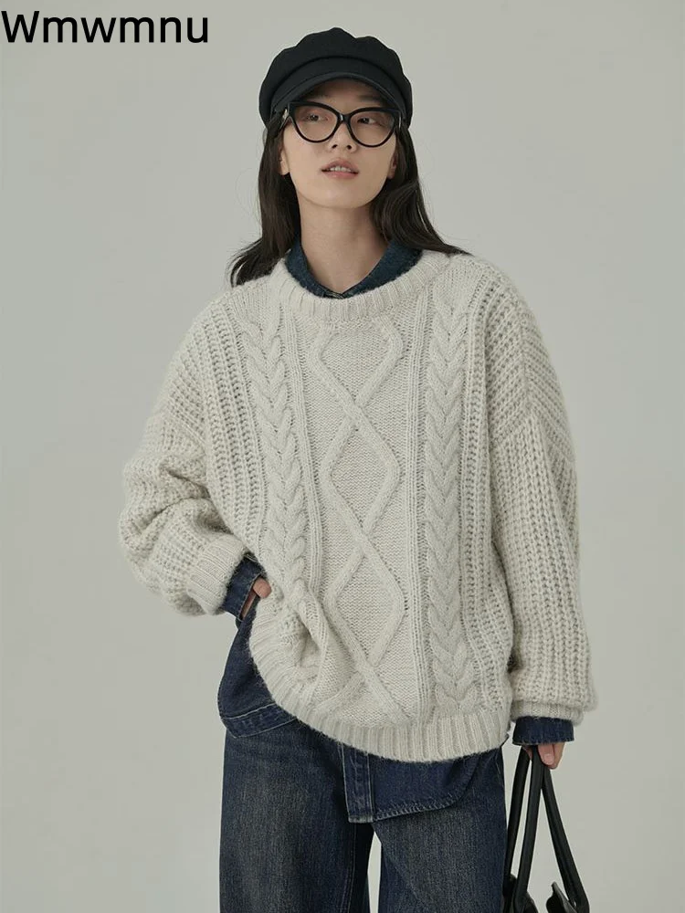 

O-Neck Korean Fashion Warm Knitted Sweater Women's Casual Baggy Jumpers Sueter Long Sleeved Soft Bottom Knitwear Sweater