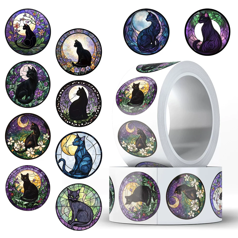 500 Stück Gothic-Glas-Stil Schwarze Katze Mond Kunst-Aufkleber Rolle Ästhetische Cartoon-Siegel-Aufkleber DIY Gitarren-Handy-Gepäck-Aufkleber Spielzeug