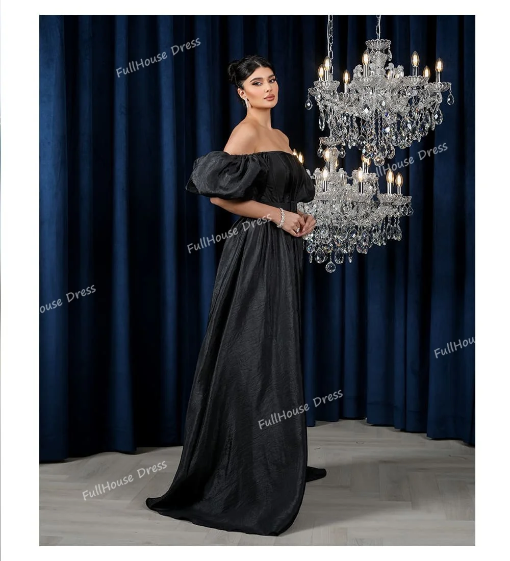 Custom Made Bridal Boat Collar Pleated A-line Side Slit Belt Evening Dress Short Puff Sleeve Backless Party Dress with Train