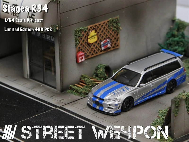 Street Weapon 1:64  STAGEA R34 Silver speed /White HKS limited499 Model Car