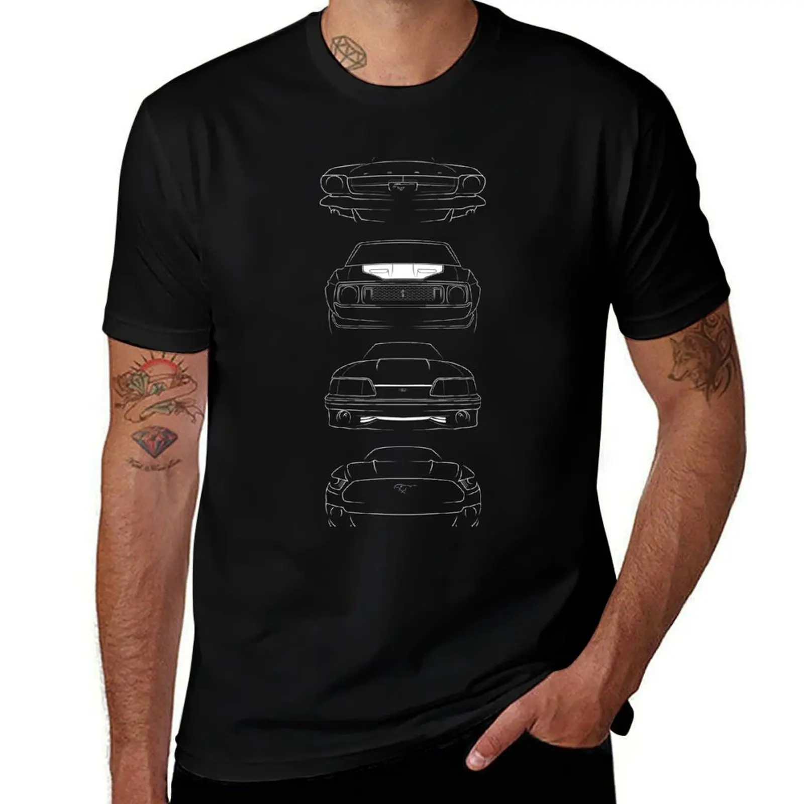 Evolution of the Ford Mustang GT - front stencil, white T-Shirt oversizeds vintage anime shirt oversized t shirts for men