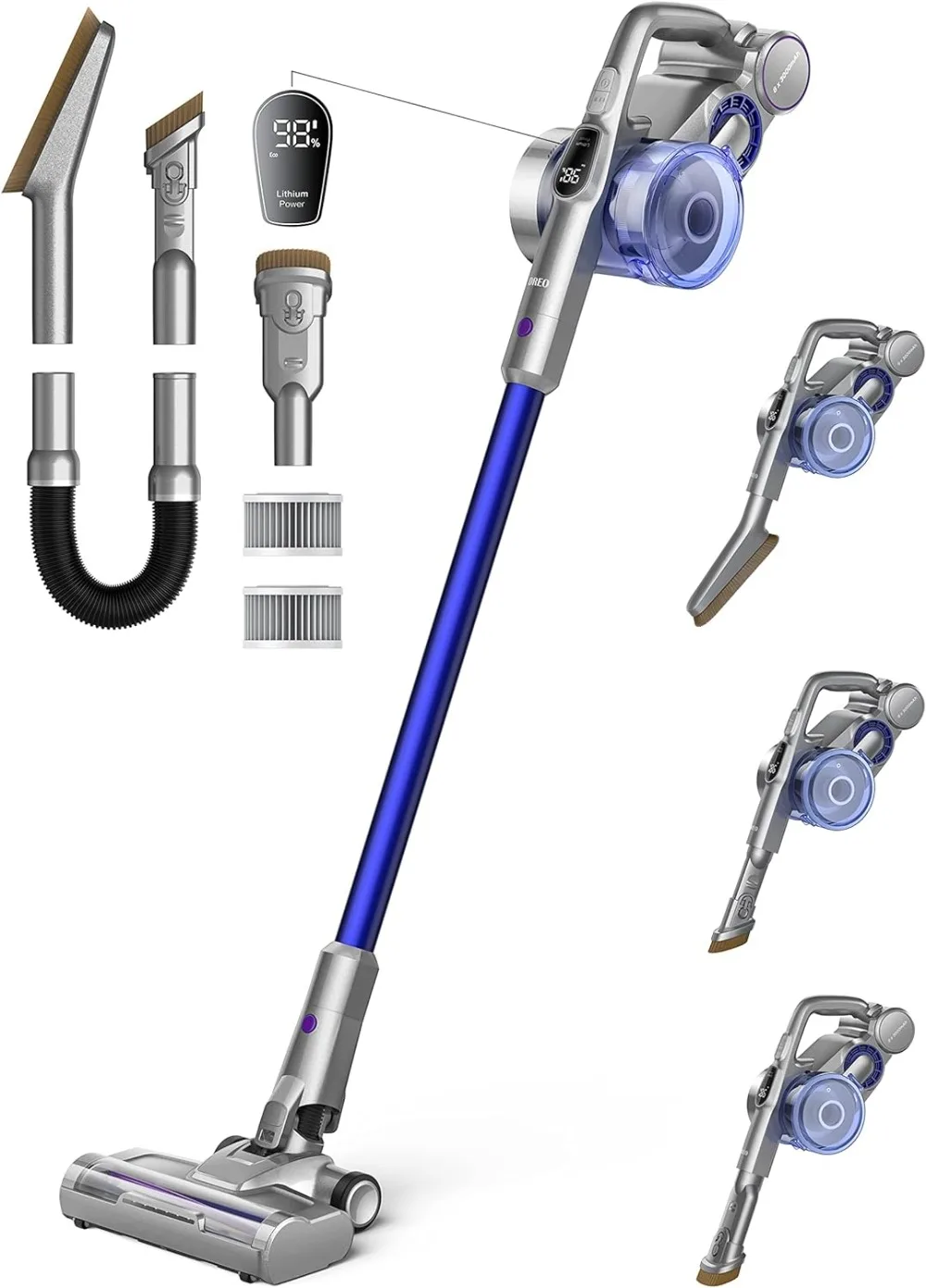 Cordless Vacuum Cleaner for Home, 25kPa 550W Strong Suction, 3000mAh Detachable Battery, Up to 60 Mins, Handheld/Stick