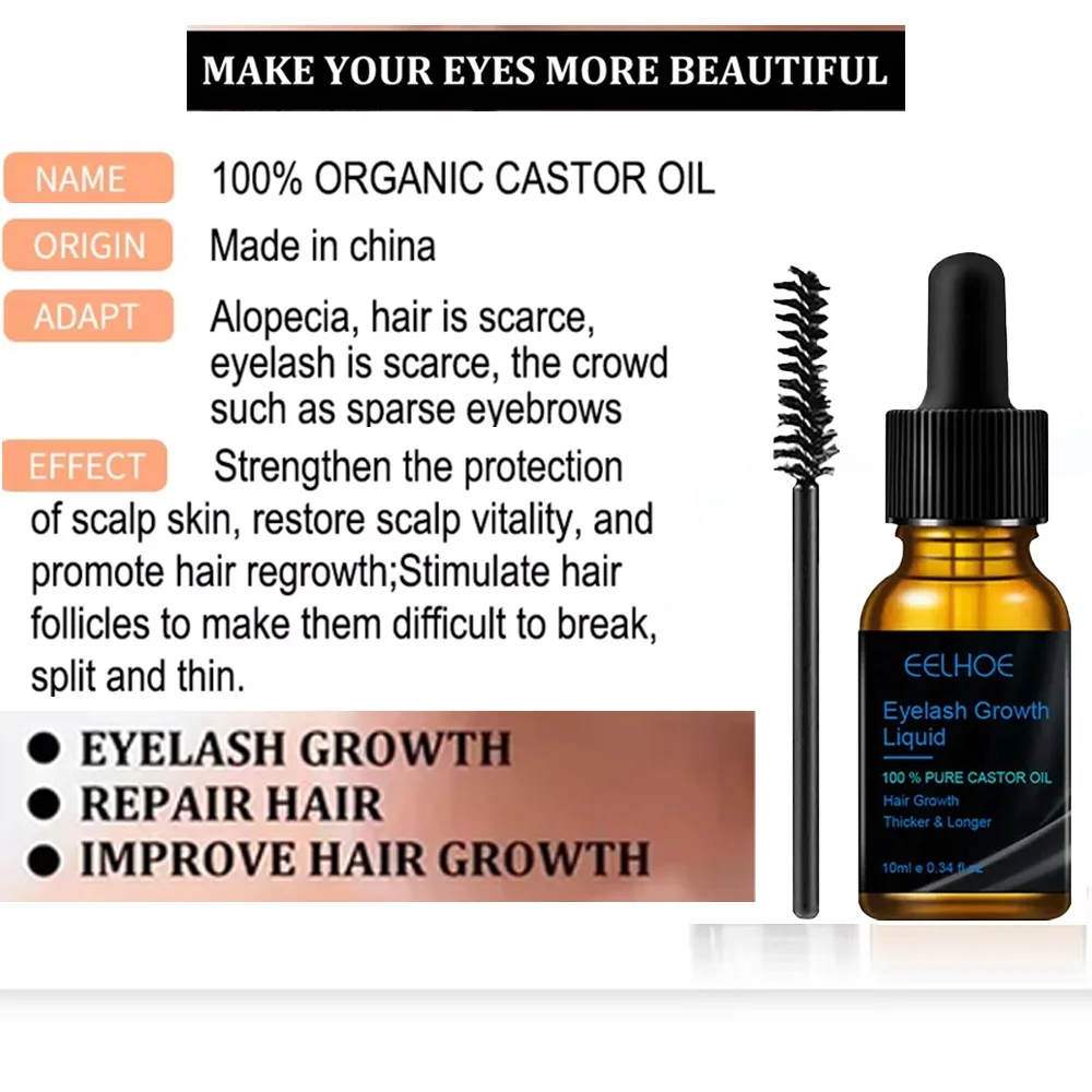 EELHOE Eyelash Fast Growth Liquid Moisturizing Pure Castor Oil Thicken Eyelashes Lengthening Eyebrow Serum 10ml for Eyelashes