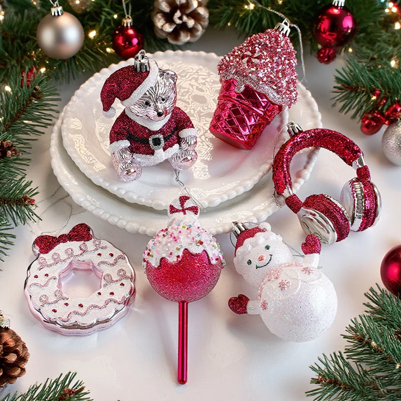

Christmas Tree Ornament Cake Bear Red Sticky Powder Plastic Natal Pendant Xmas Window Pendant Party Home Wall Shop Decoration