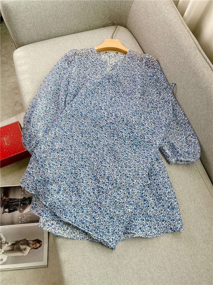 

Fragmented Flower Dress 2024 Spring Long sleeved French Fashionable and Elegant Blue Waistband Girl Who Wears It Looks Good